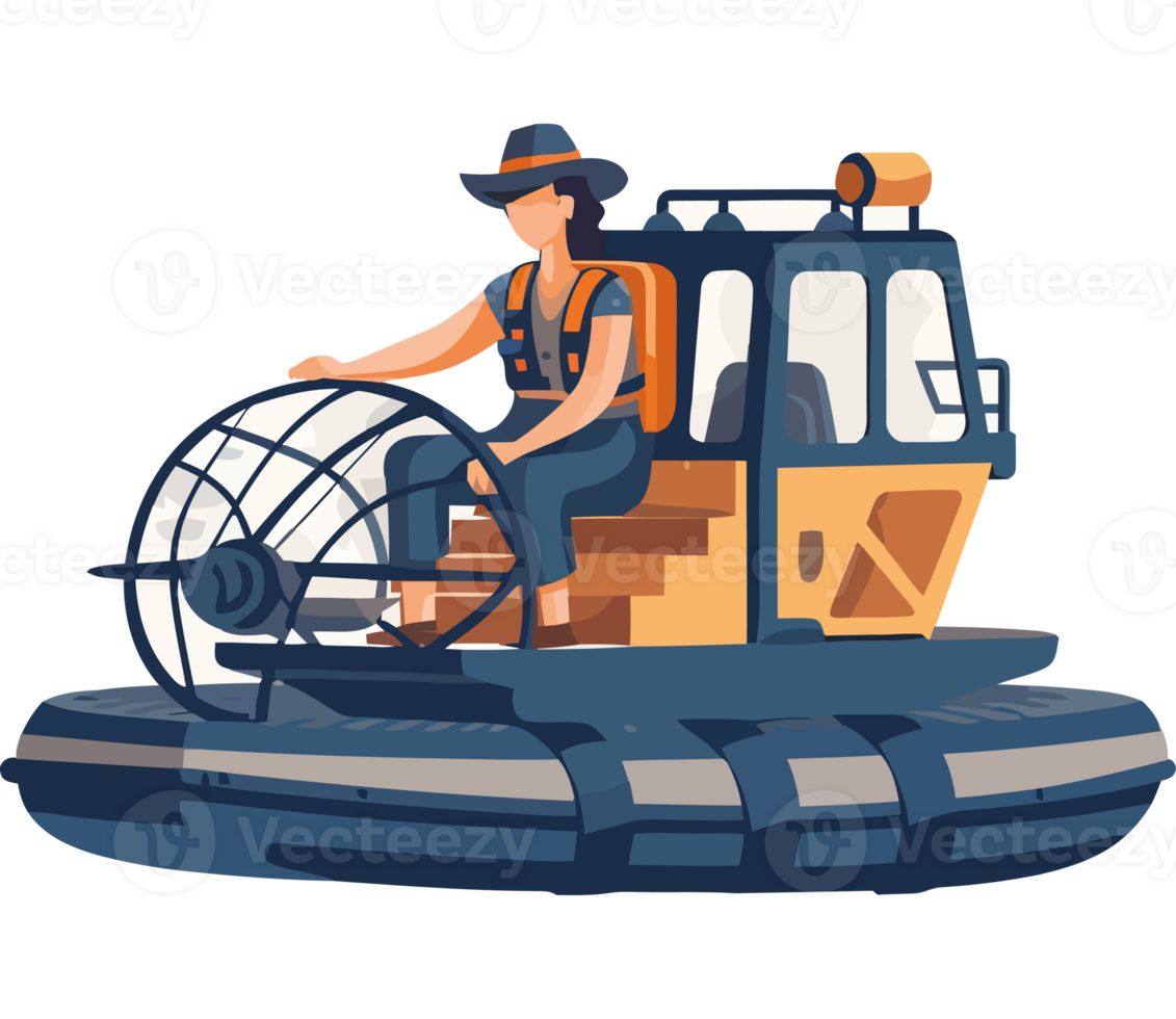 An illustration of a man riding on an airboat png