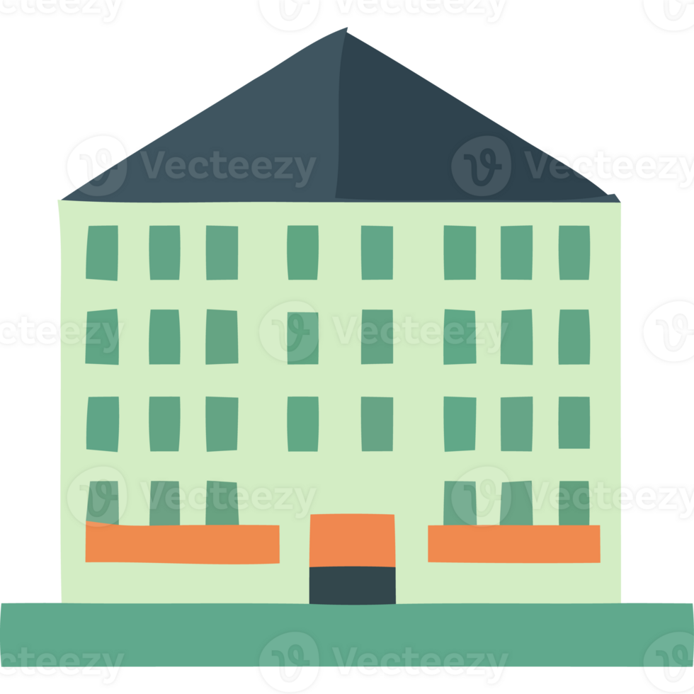 A building with a green roof and orange windows png