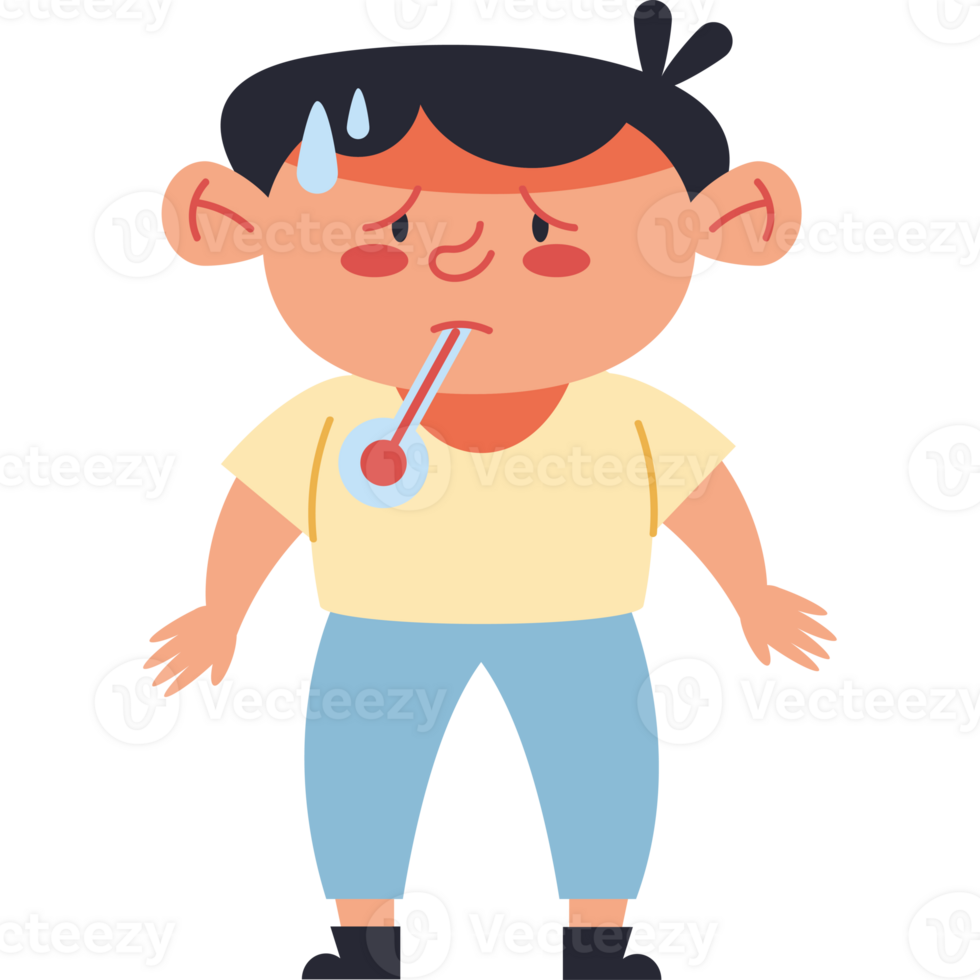 Illustration of a sick boy with a thermometer png