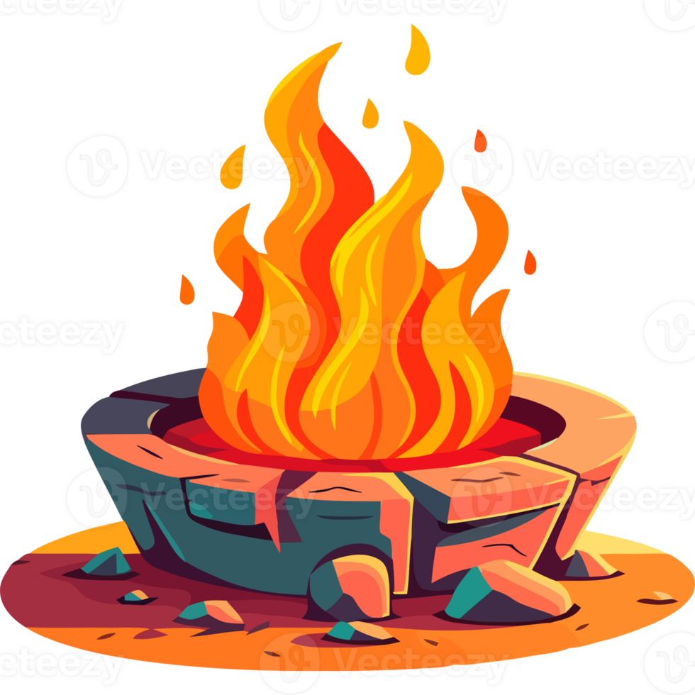 A cartoon fire pit with flames and rocks png