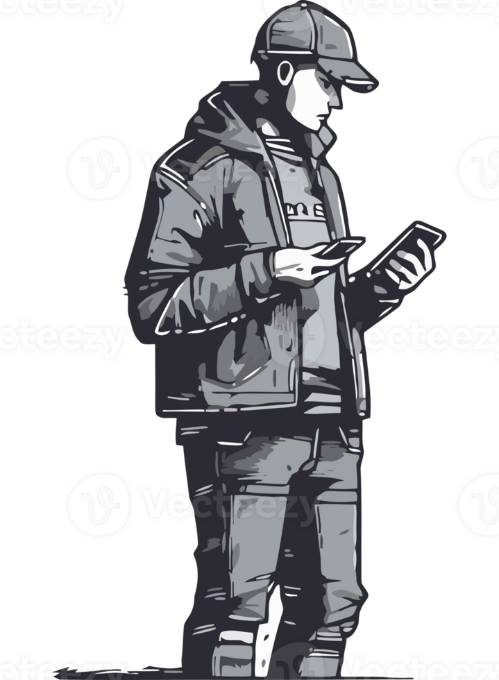 A man in a hoodie and jacket is looking at his phone png