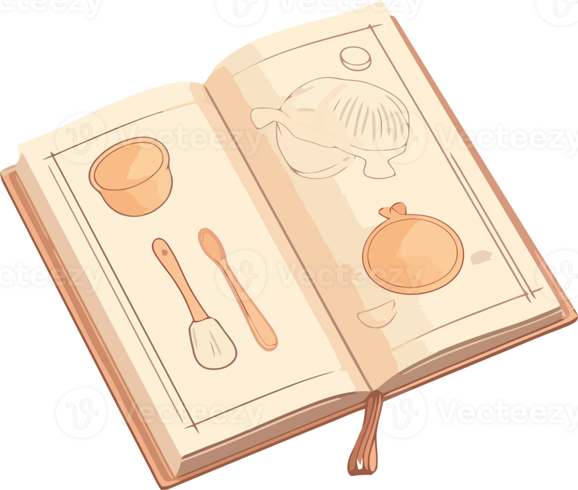 An open book with a spoon and other items png
