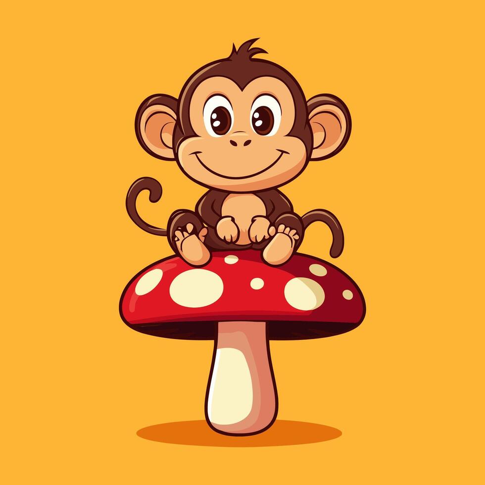 A cute cartoon illustration monkey sitting on top of a mushroom, smiling and waving its hand. vector