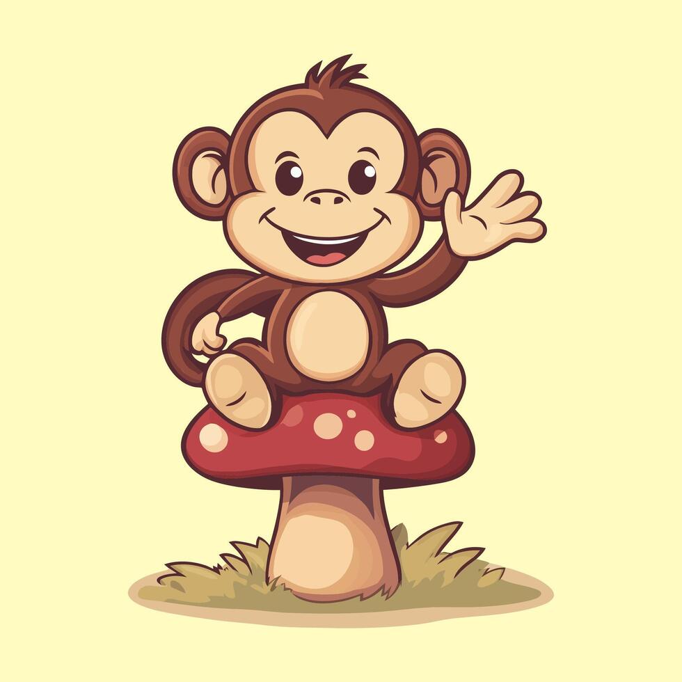 A cute cartoon illustration monkey sitting on top of a mushroom, smiling and waving its hand. vector