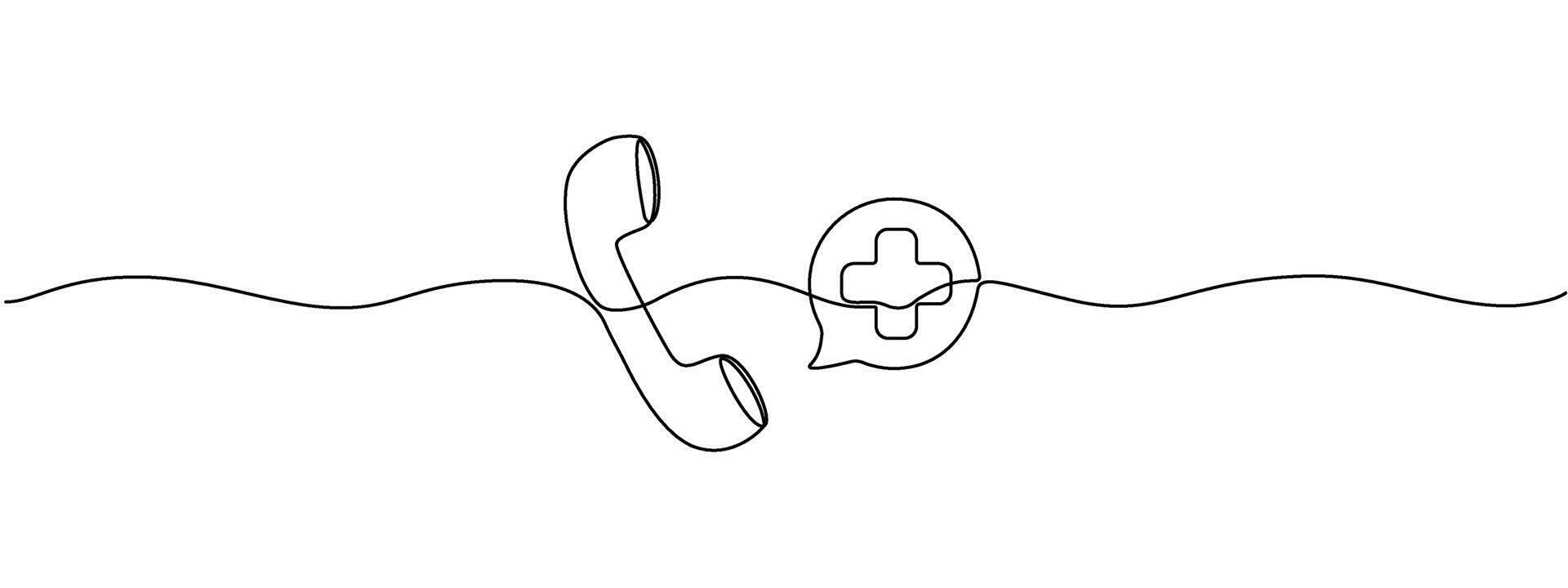 Single line continuous drawing of medical phone. Emergency call. Retro doctor phone handset single line . Concept of medicine and health care. linear editable illustration. vector