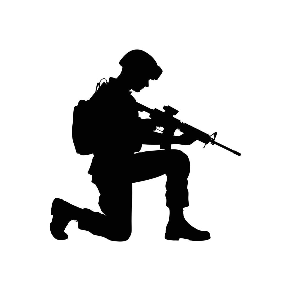Kneeling Soldier Silhouette with Rifle Military Illustration vector