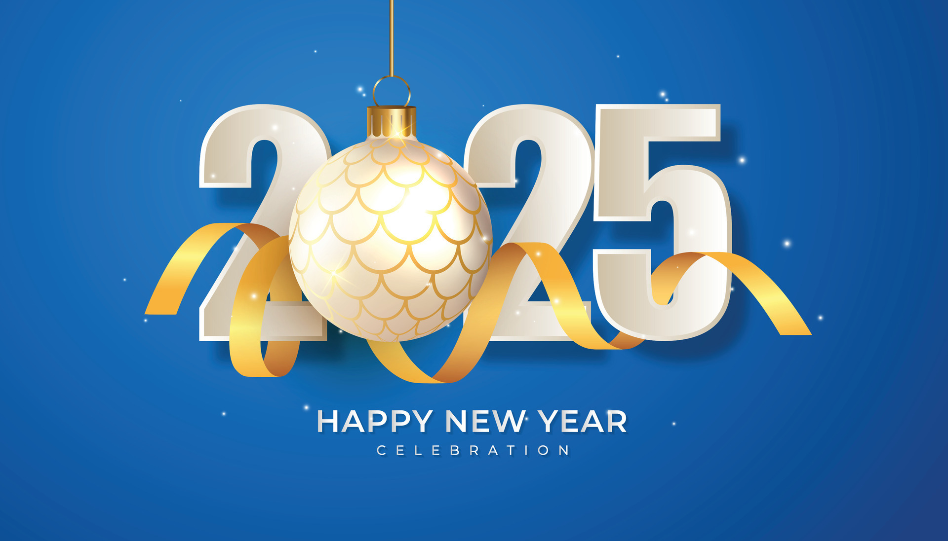Happy New Year 2025. festive realistic gold ribbon decoration