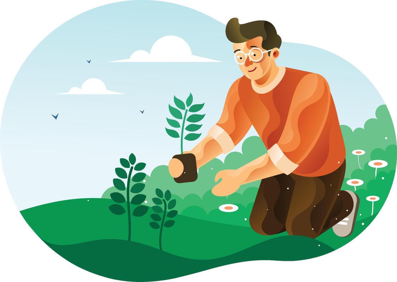 Man planting trees for greening illustration vector