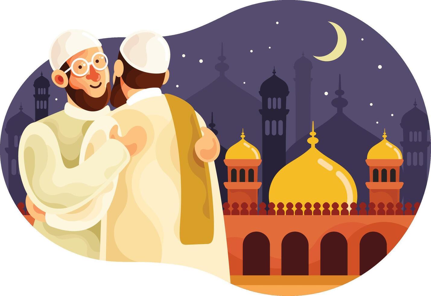 Eid mubarak with muslim men hugging each other vector