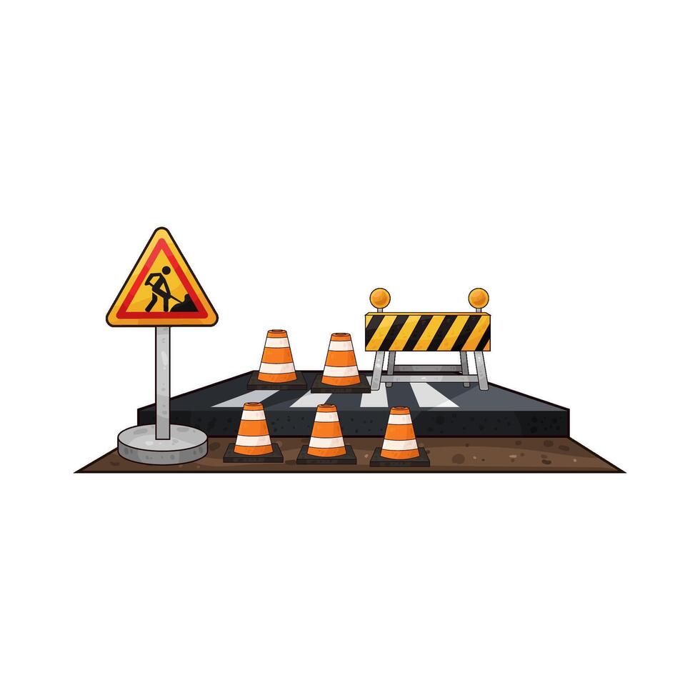 traffic cones and barriers in the middle of the road vector