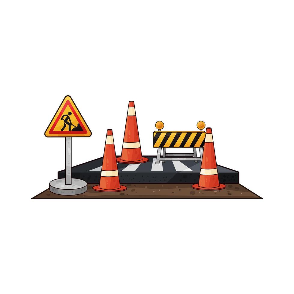 traffic cones and barriers in the middle of the road vector