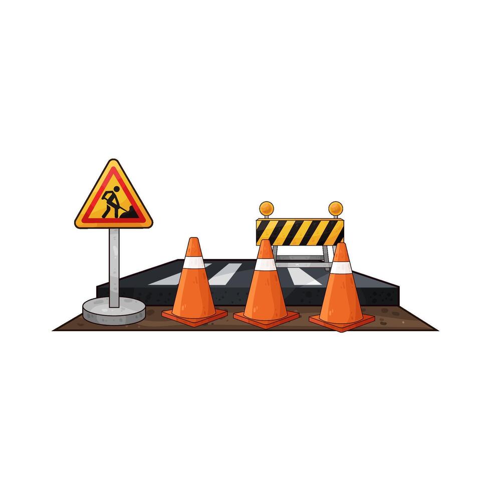 traffic cones and barriers in the middle of the road vector