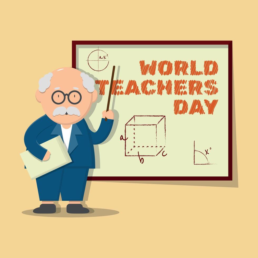 World Teachers Day Poster with an old male teacher is teaching while pointing at the blackboard vector