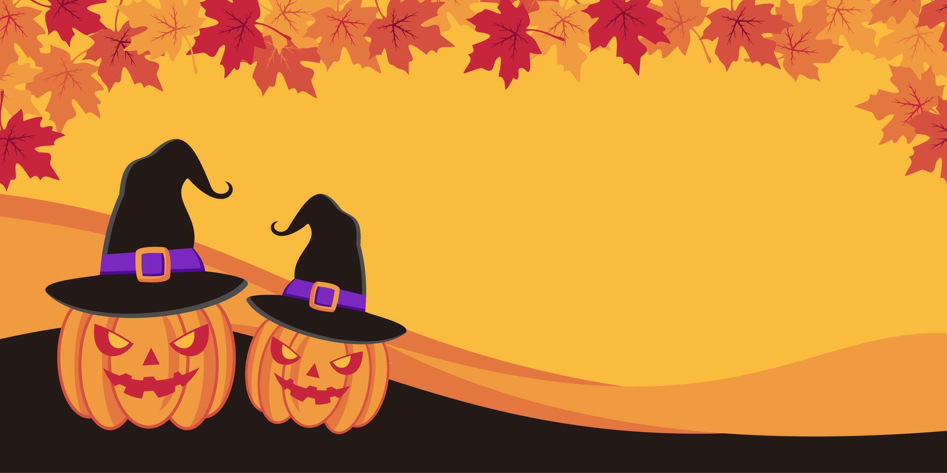 halloween concept orange background with pumpkin monster icons and maple leaves. design free copyspace area vector