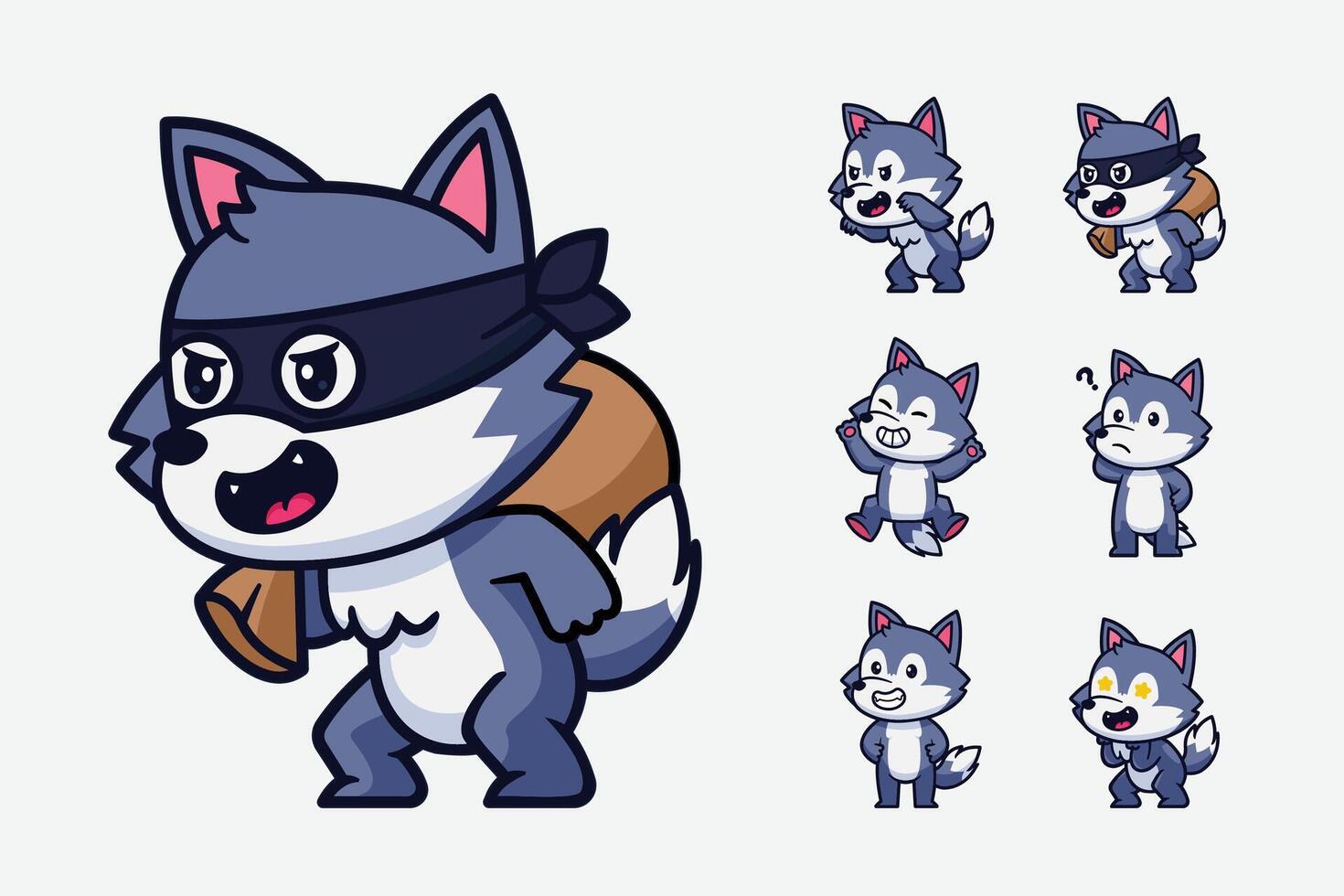 cute wolf cartoon character set vector