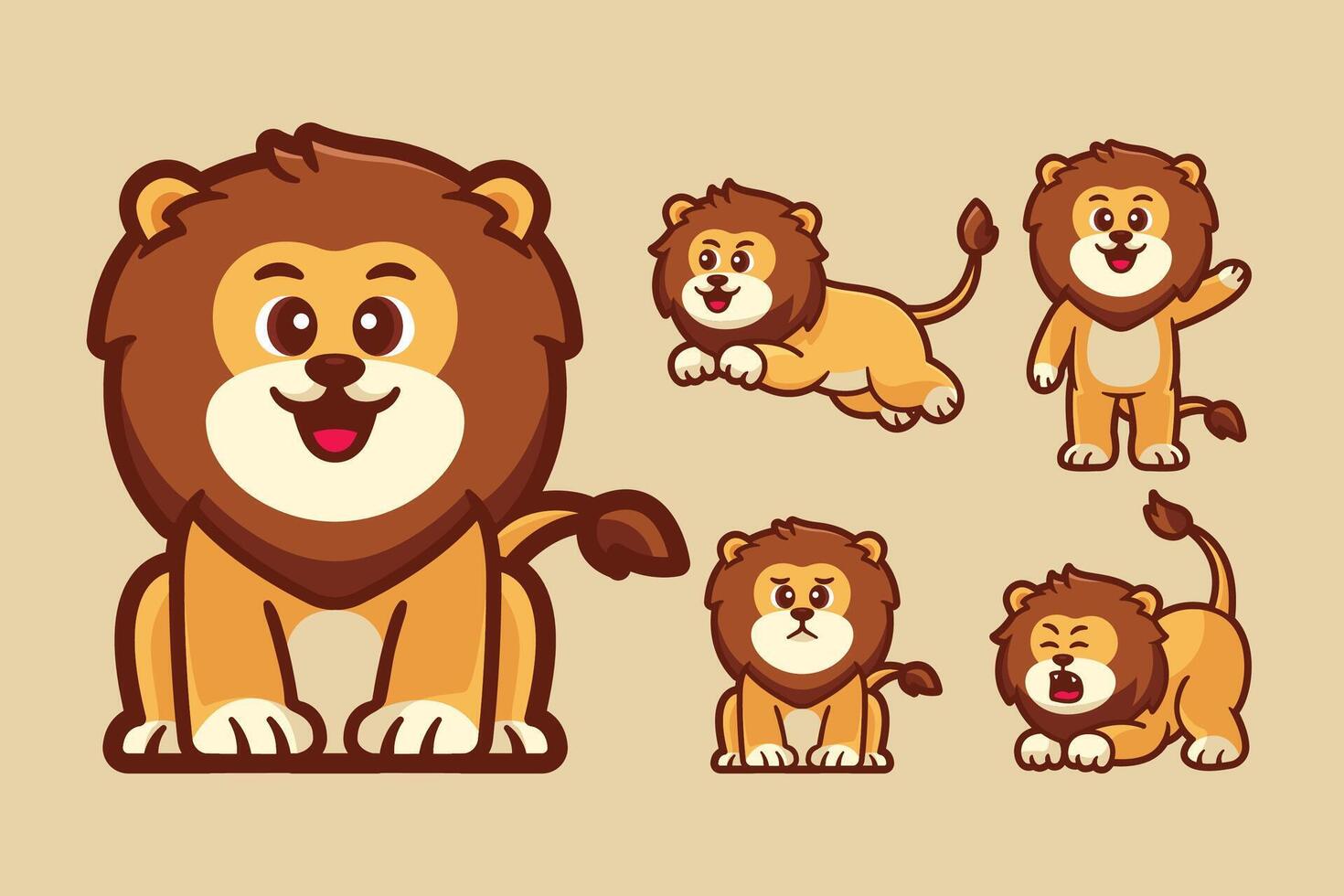cute lion cartoon character set vector