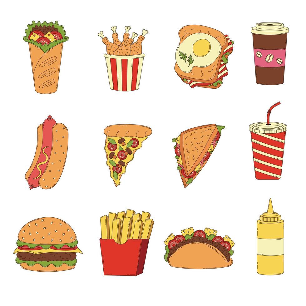 Fast food set. Hotdog, burrito, soda, taco, hamburger, pizza, french fries, sandwich, fried chicken, mustard. vector
