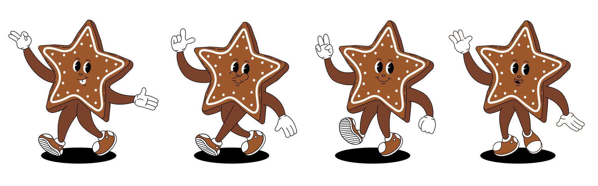 Groovy retro Christmas gingerbread. Christmas characters in groovy style. vector