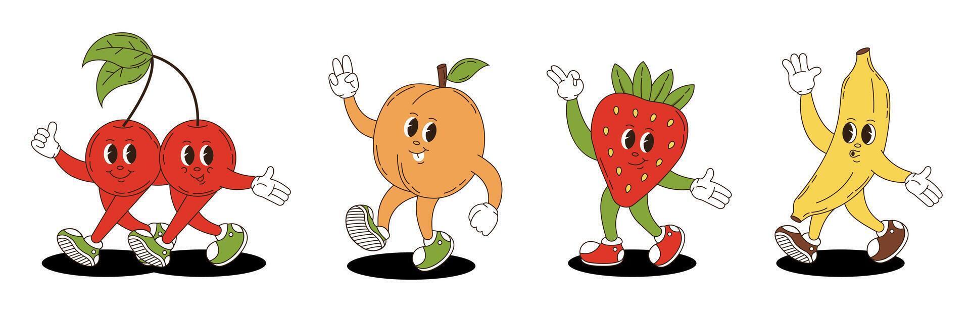 Fruits set in retro groovy style. Groovy retro characters of cherry, peach, strawberry, banana. vector