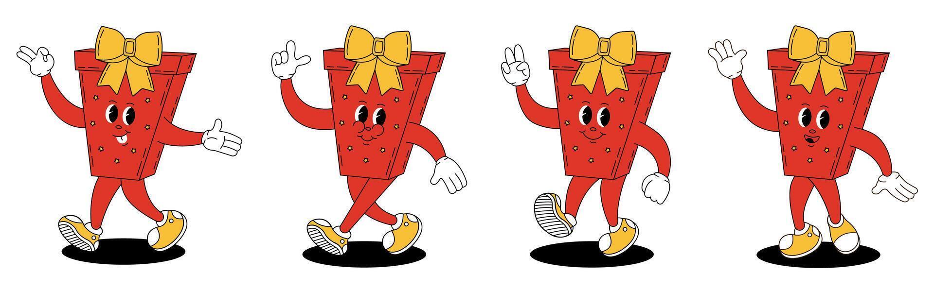 Groovy retro Christmas gift. Christmas characters in groovy style. vector