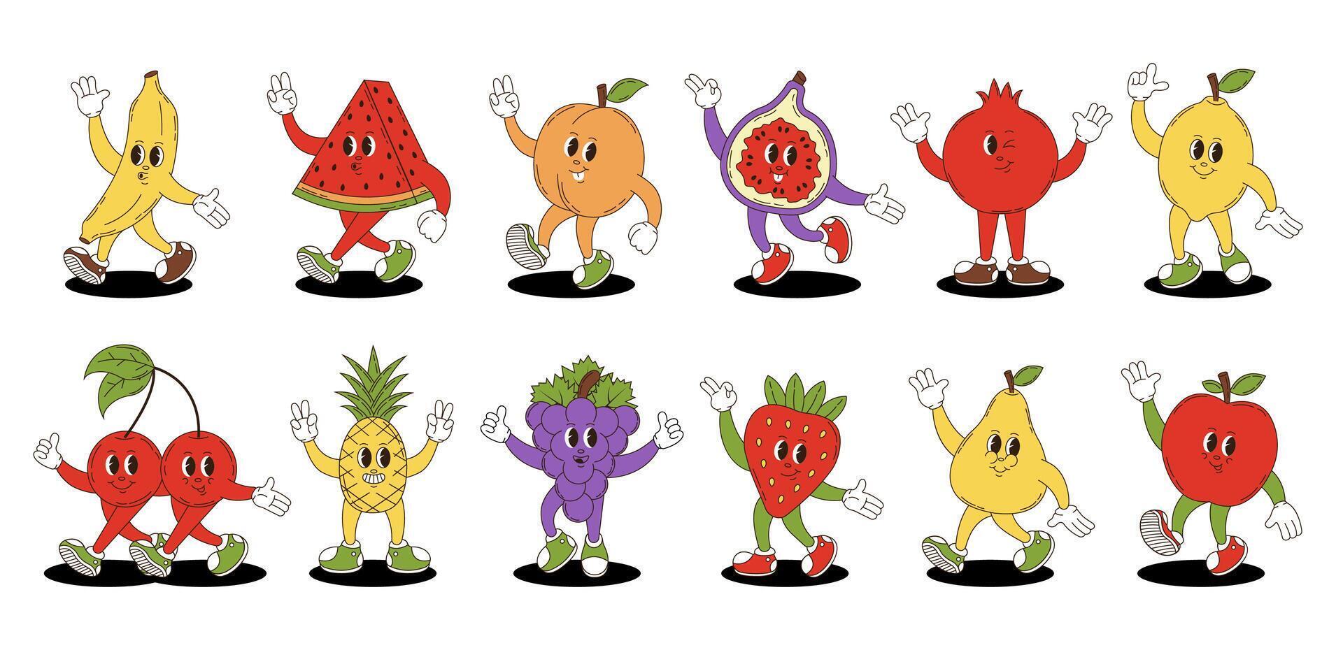Fruits set in retro groovy style. Groovy retro characters of fruits. vector