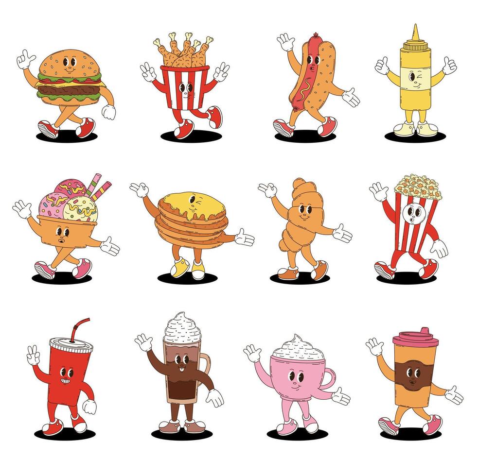 Retro groovy fast food, desserts and coffee characters set. Soda, coffee, hotdog, hamburger,chicken, mustard, ice cream, croissant, popcorn, pancakes. vector