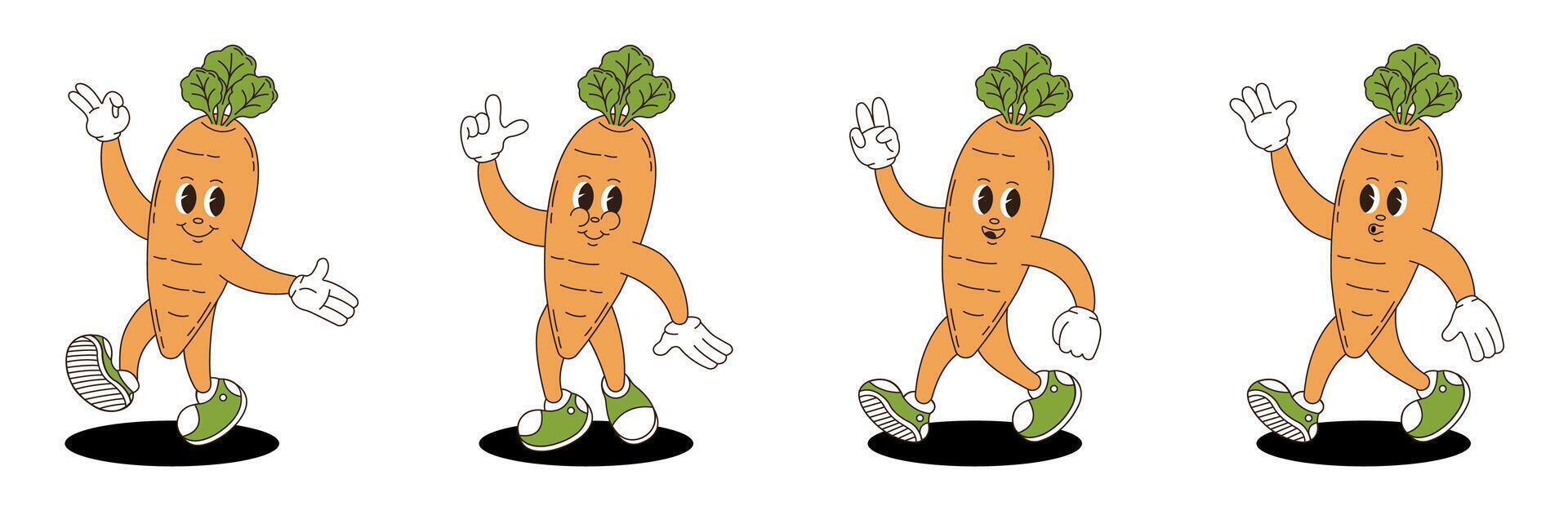 Carrot retro groovy style. Groovy retro characters of carrot. vector