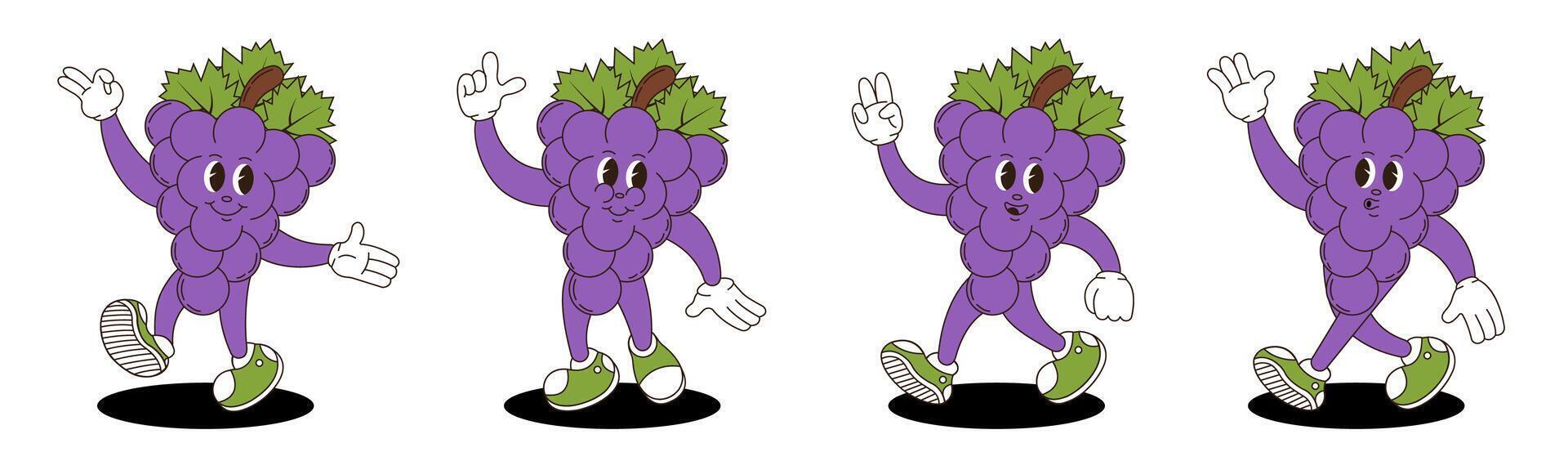 Grape in retro groovy style. Groovy retro characters of grape. vector