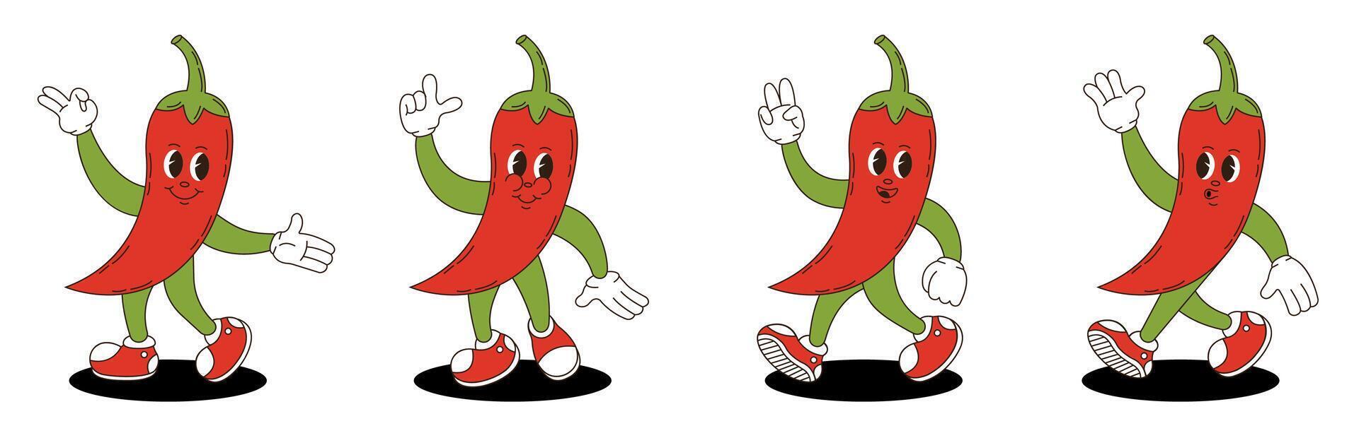 Chili pepperin retro groovy style. Groovy retro characters of chili pepper. vector