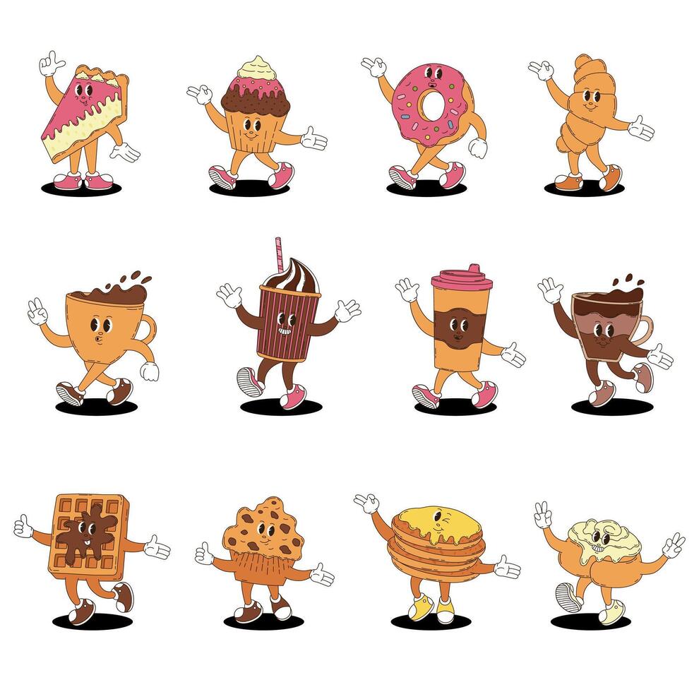 Retro groovy desserts and coffee characters set. Coffee, ice cream, croissant, pancakes, cake, donut, cupcake, waffle, cheesecake, bun, cookie. vector