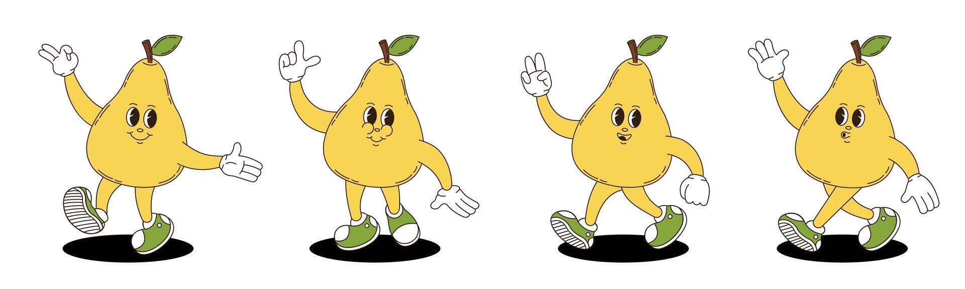 Pear in retro groovy style. Groovy retro characters of pear. vector
