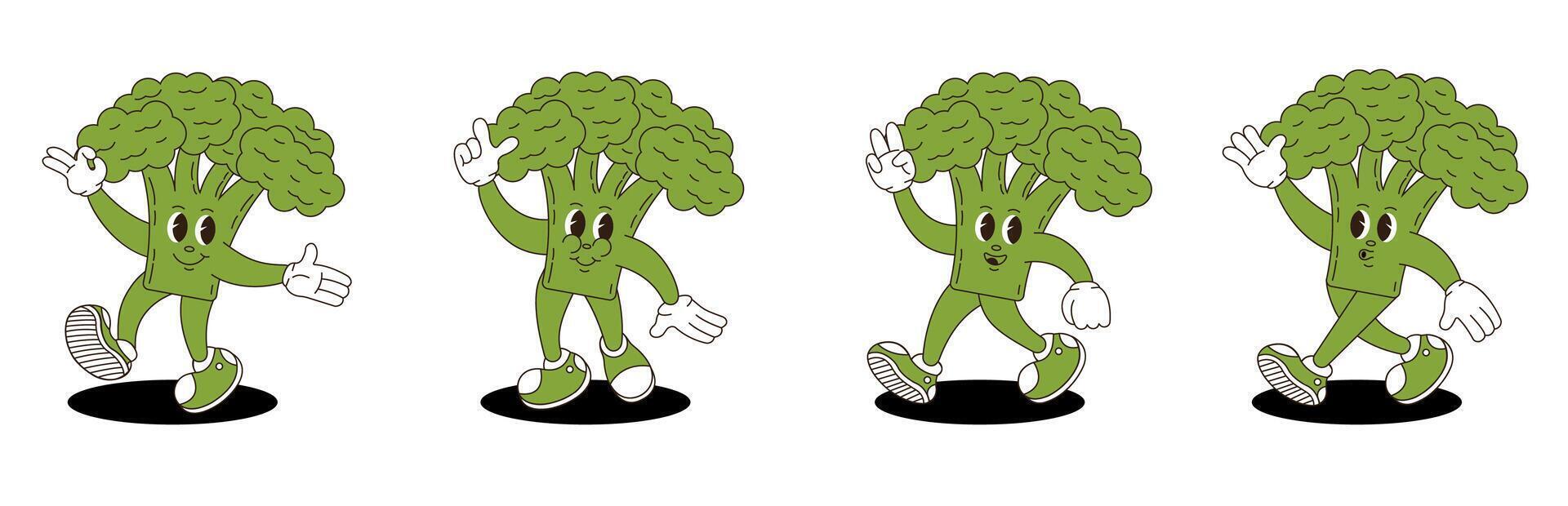 Broccoli retro groovy style. Groovy retro characters of broccoli. vector