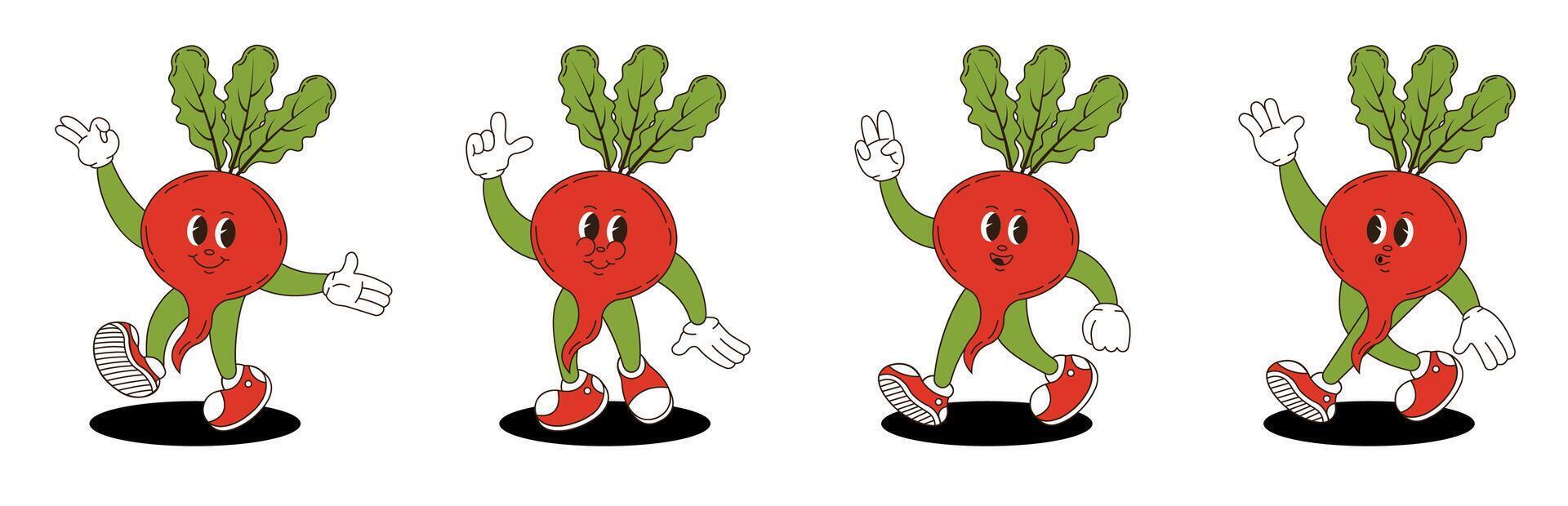 Radish retro groovy style. Groovy retro characters of radish. vector