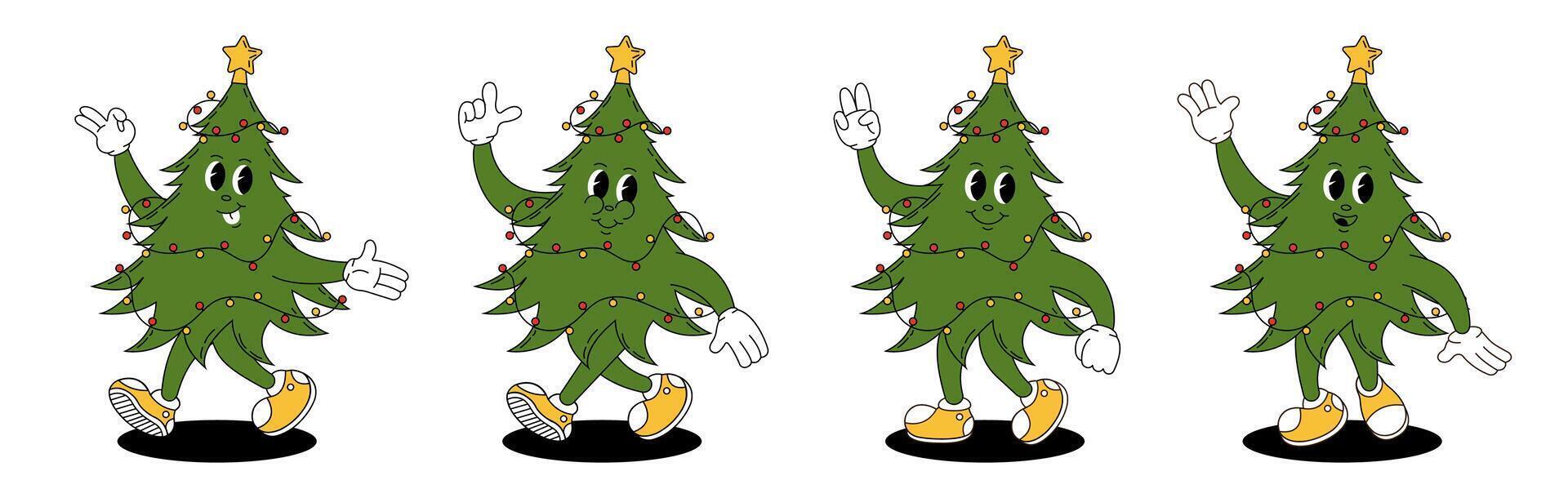 Groovy retro Christmas tree. Christmas characters in groovy style. vector