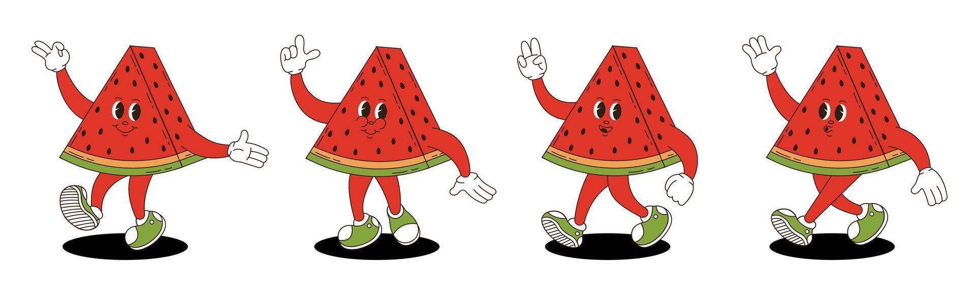 Watermelon in retro groovy style. Groovy retro characters of watermelon. vector