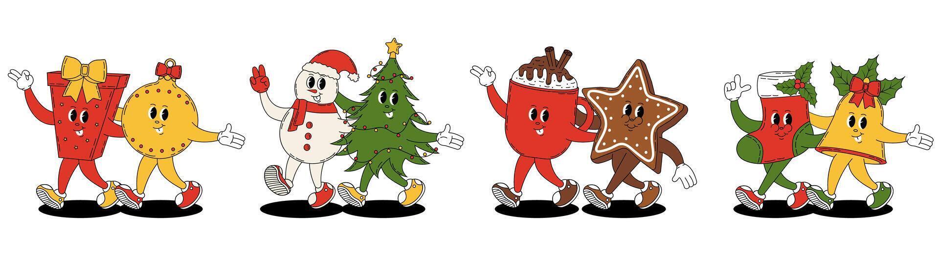 Groovy retro Merry Christmas and Happy New year. Christmas characters in groovy style. Christmas tree, toy, bell, boot, gift, mug of hot chocolate, snowman, gingerbread. vector