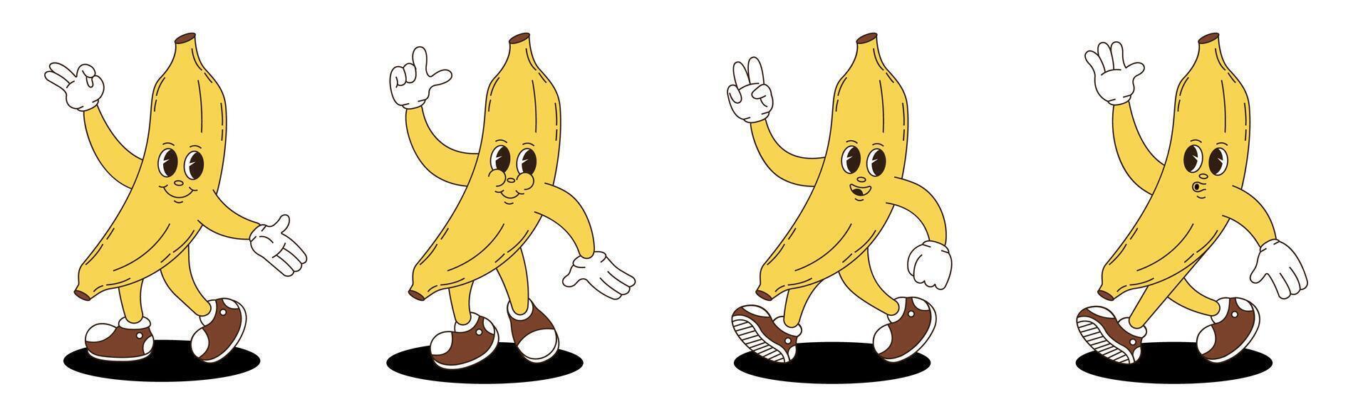 Banana in retro groovy style. Groovy retro characters of banana. vector
