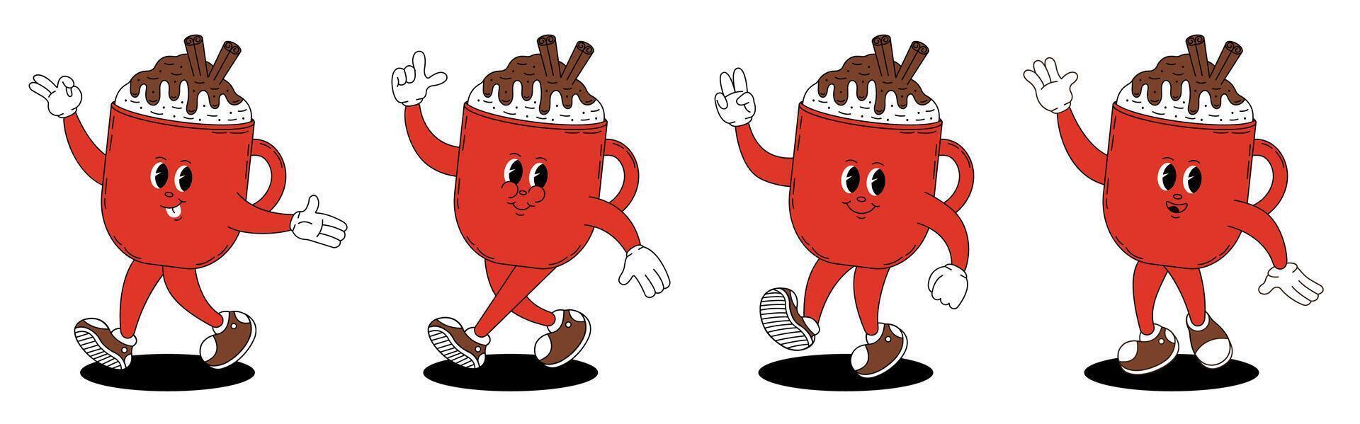 Groovy retro Christmas mug of hot chocolate. Christmas characters in groovy style. vector