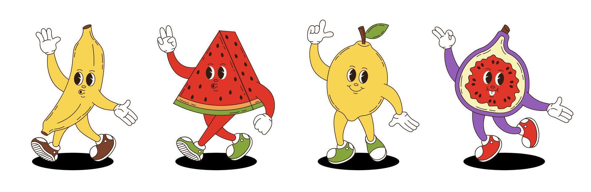 Fruits set in retro groovy style. Groovy retro characters of banana, watermelon, lemon, fig. vector