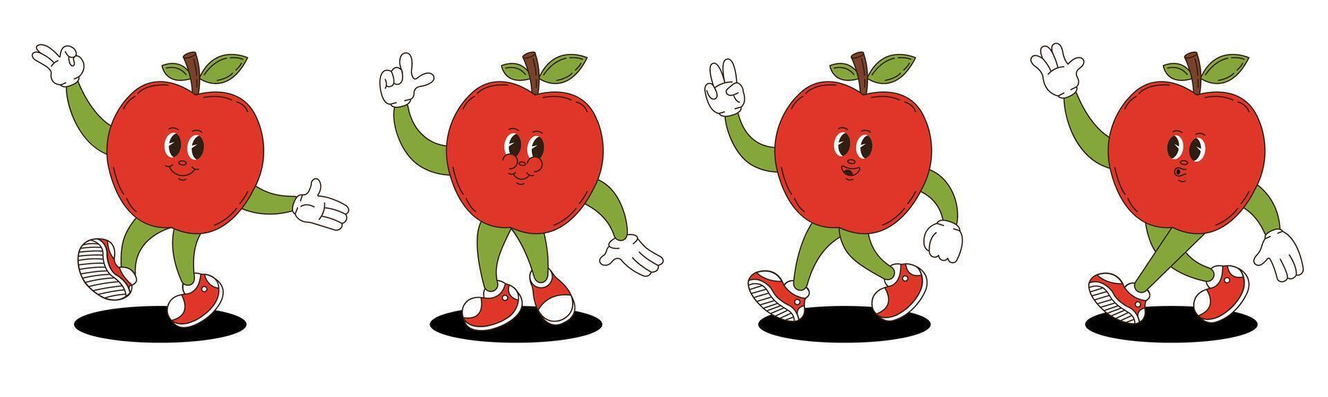 Apple in retro groovy style. Groovy retro characters of apple. vector