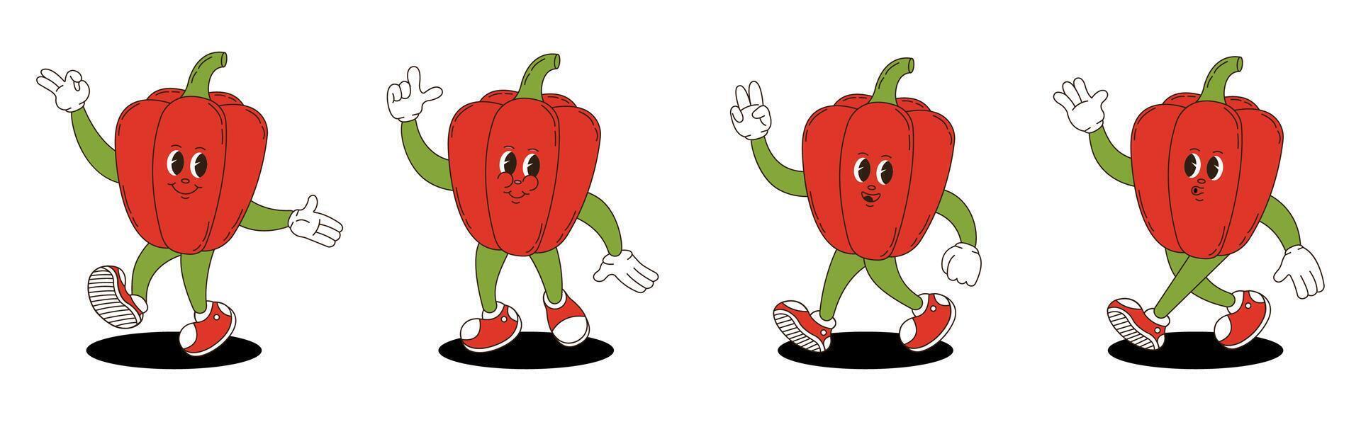 Bell pepper retro groovy style. Groovy retro characters of bell pepper. vector