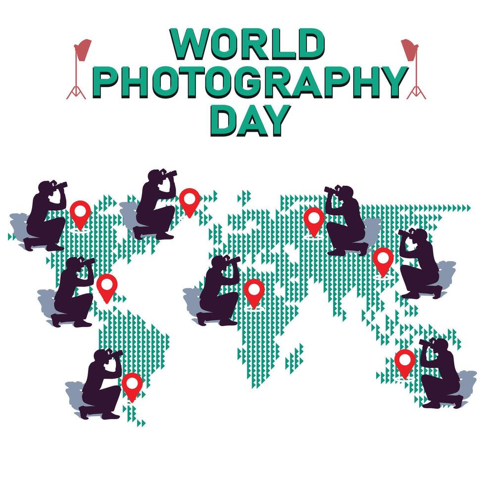 World photography day august 19, world map on man with camera . vector