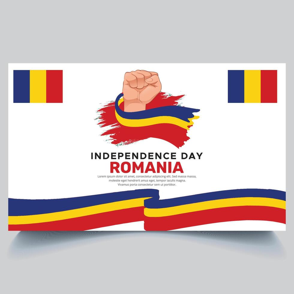 Happy Romania independence Day Banner and hand flag design vector