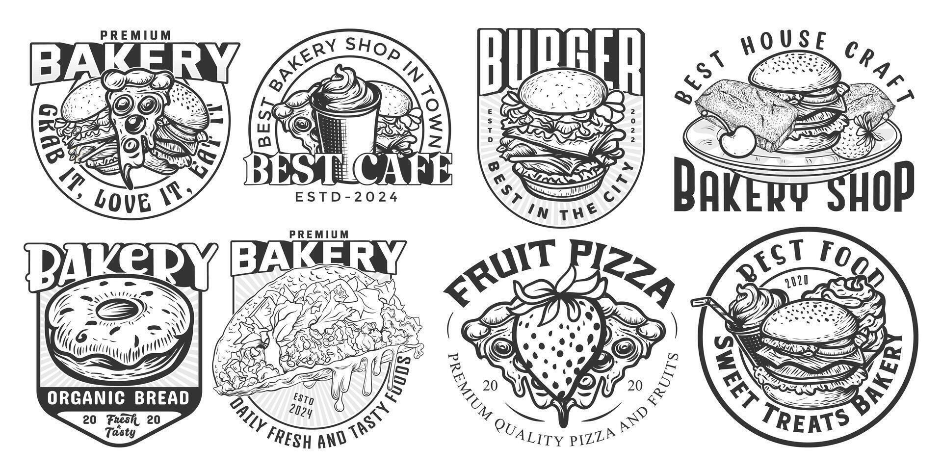 Bakery vintage Retro Badges Logo Templates Collection. Hand Drawn pizza, and burger Sketches with Sketch Set Isolated vector