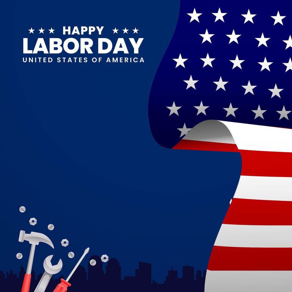 Happy Labor Day with waving american flag blue background vector