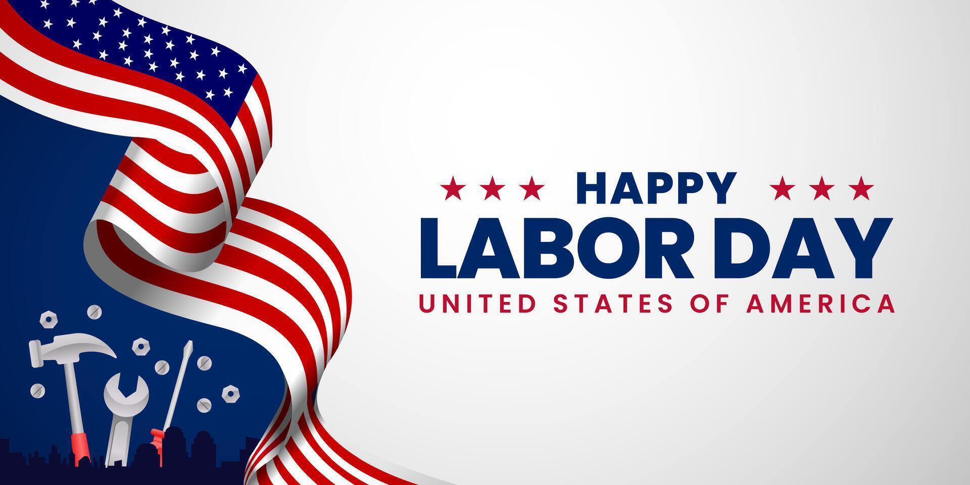 USA Happy Labor Day celebration banner background design with American flag. Labour day Safety hard hat and Construction tools background. vector