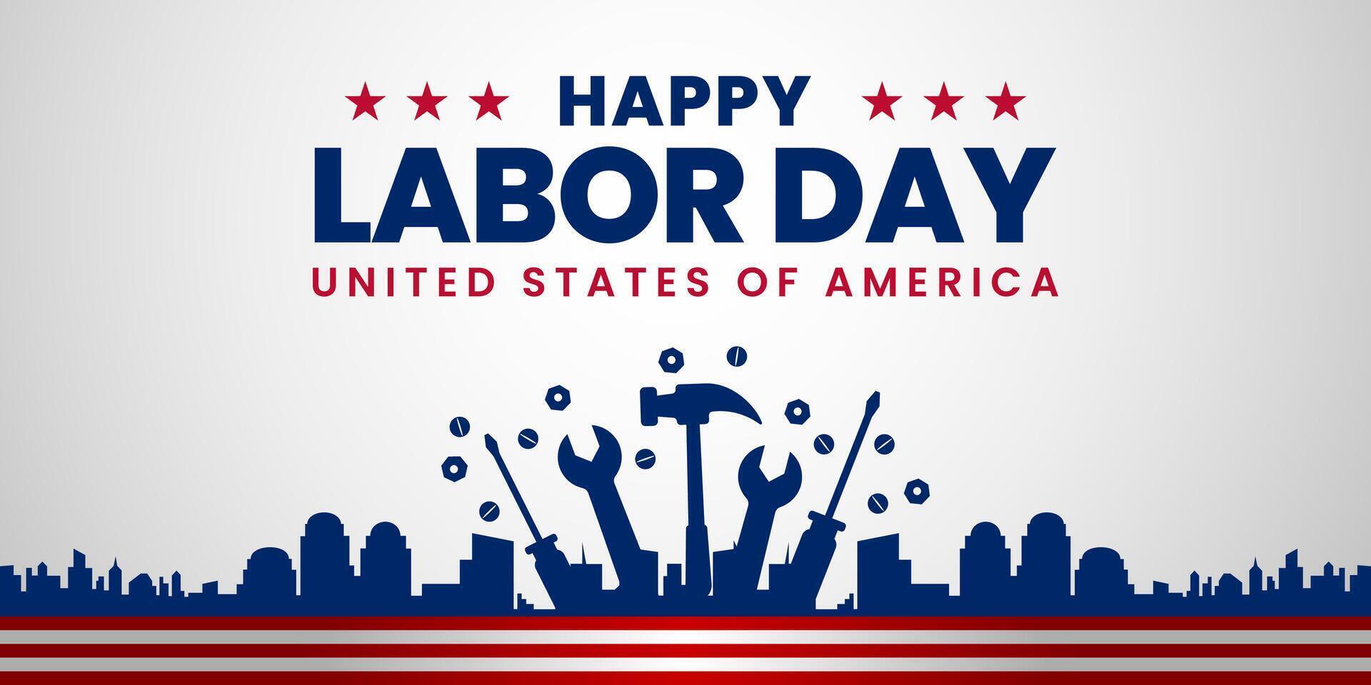 USA Happy Labor Day celebration banner background design with American flag. Labour day Safety hard hat and Construction tools background. vector