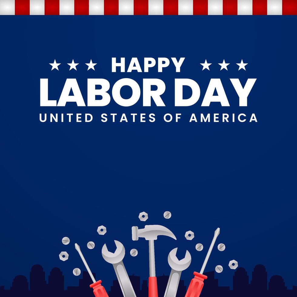 Happy US Labor Day banner blue background with working tools illustration vector