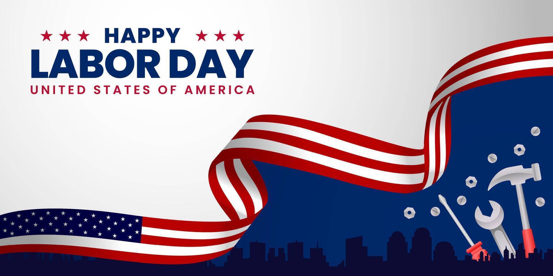 USA Happy Labor Day celebration banner background design with American flag. Labour day Safety hard hat and Construction tools background. vector