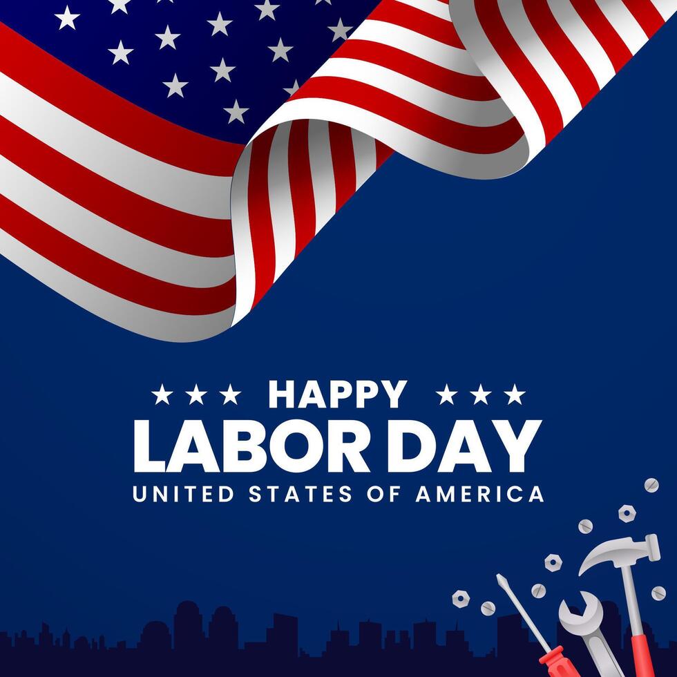 Happy Labor Day with waving american flag blue background vector